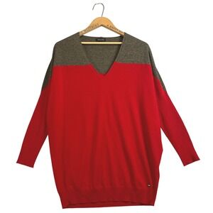 Escada Red Gray Colorblock V Neck Dolman Sleeve Luxury Wool Blend‎ Sweater Sz L